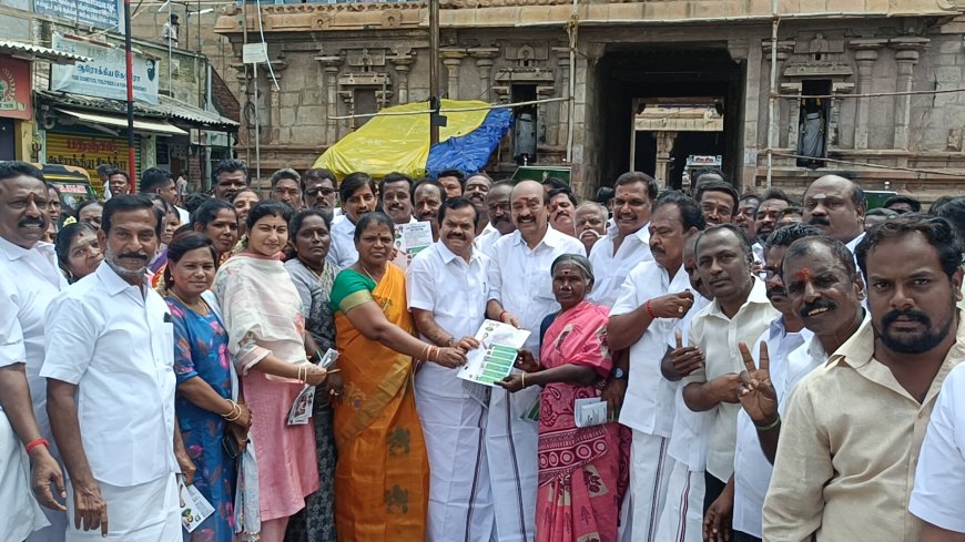 திருச்சி திருவானைக்கோவில் பகுதியில் திமுக ஆட்சியின் அவலங்களை எடுத்துக் கூறும் வகையில் துண்டு பிரசுரம் வழங்கும் நிகழ்வு அ.இ.அ.தி.மு.க சார்பில்  நடைபெற்றது